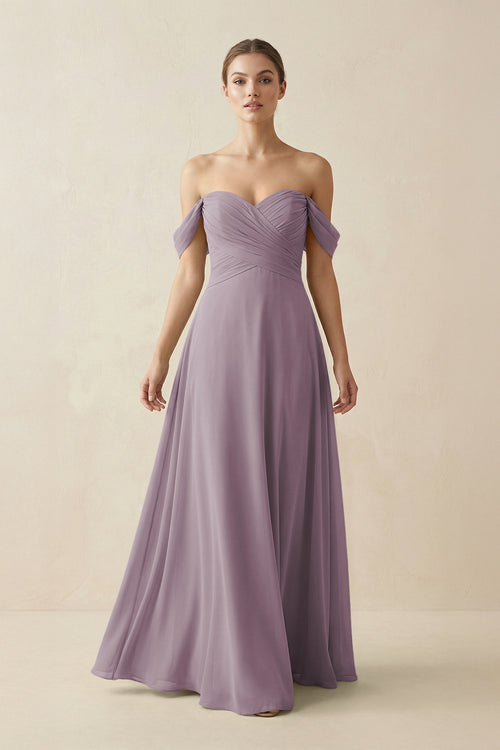 Dusk A-Line Off-the-Shoulder Chiffon Bridesmaid Dress | KISSBRIDAL