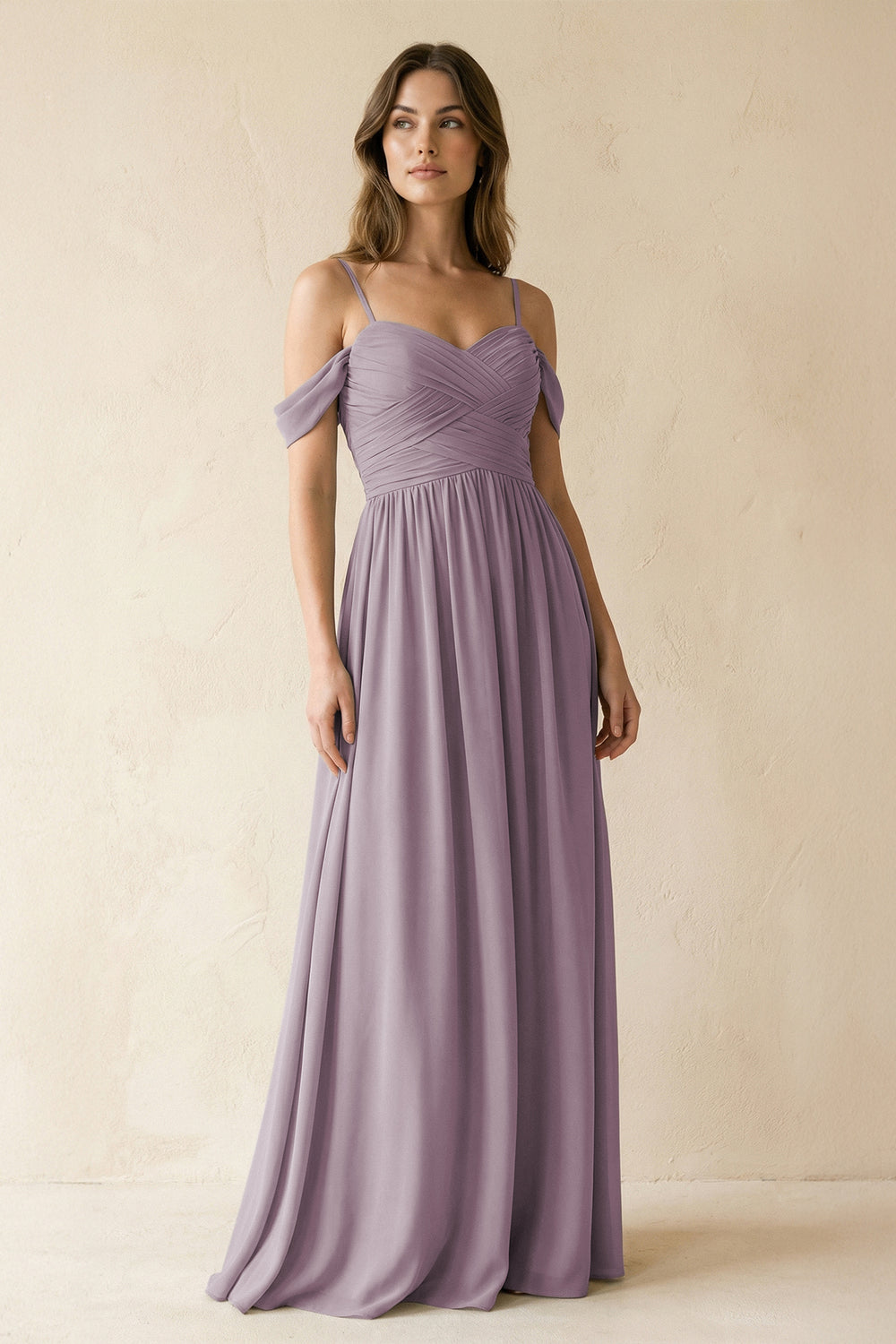 A-Line Off-the-Shoulder Pleated Chiffon Bridesmaid Dress in Dusk