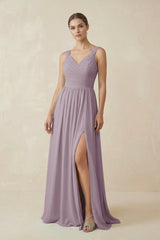 Dusk A-Line Pleated Chiffon Long Bridesmaid Dress | KISSBRIDAL