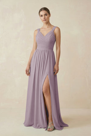 Dusk A-Line Pleated Chiffon Long Bridesmaid Dress | KISSBRIDAL