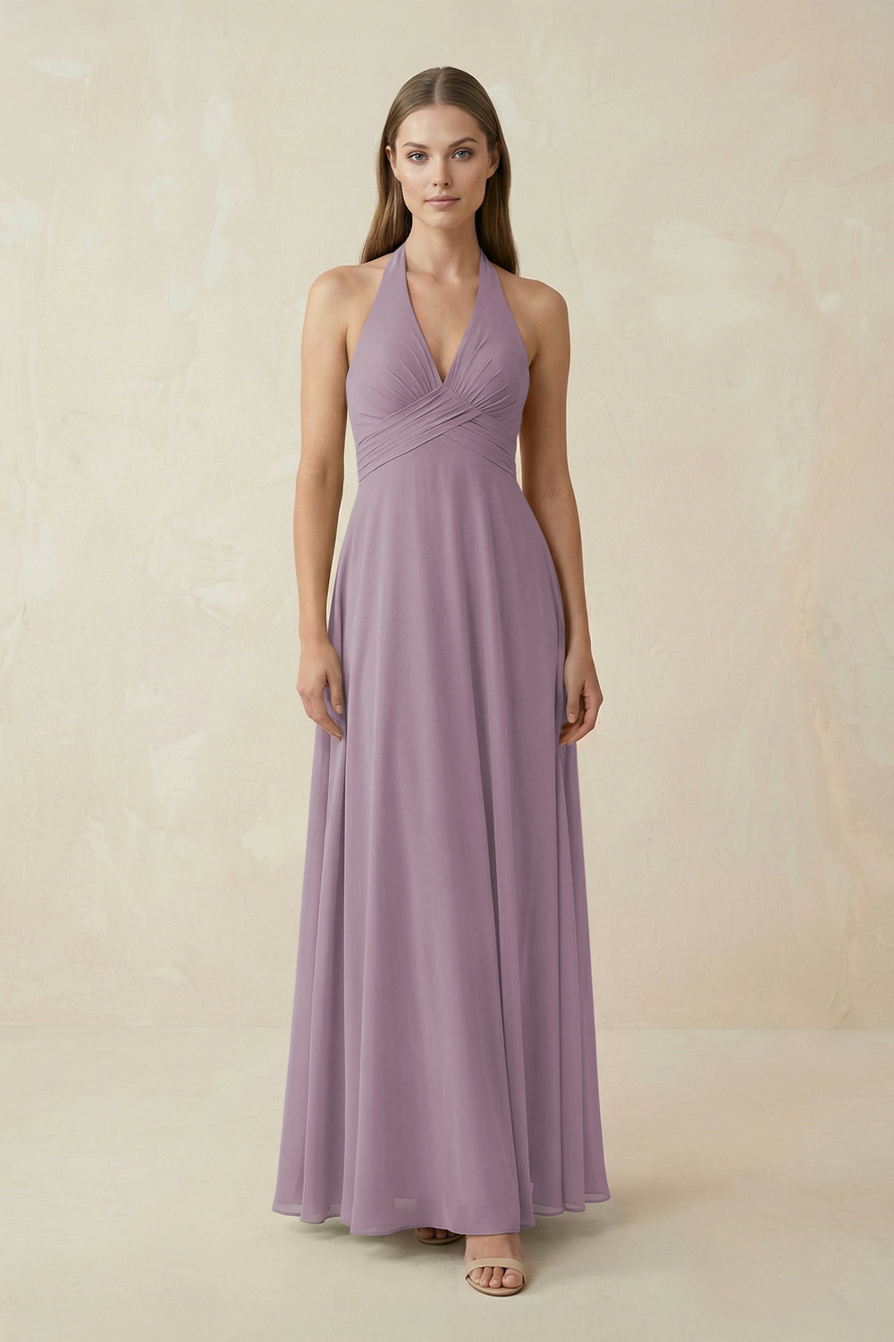 A-Line Pleated Chiffon V-Neck Bridesmaid Dress in Dusk