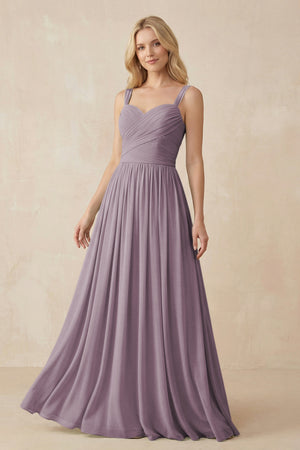 Dusk A-Line Pleated Long Chiffon Bridesmaid Dress | KISSBRIDAL