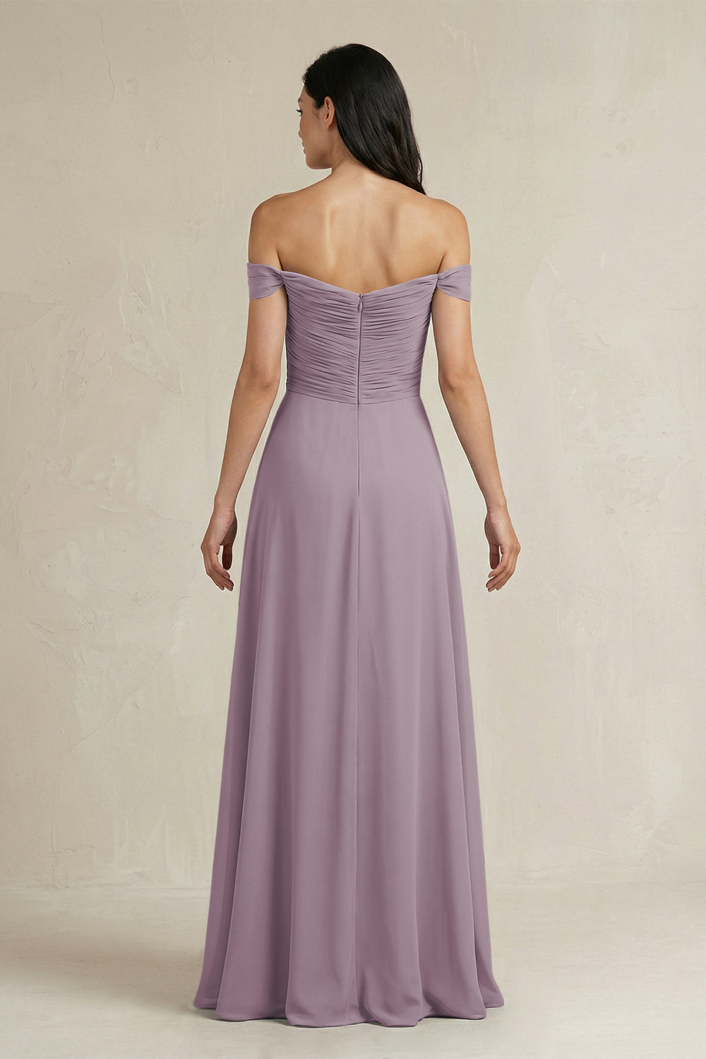 A-Line Pleated Off-the-Shoulder Chiffon Bridesmaid Dress in Dusk