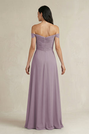 Dusk A-Line Pleated Off-the-Shoulder Chiffon Bridesmaid Dress (2) | KISSBRIDAL