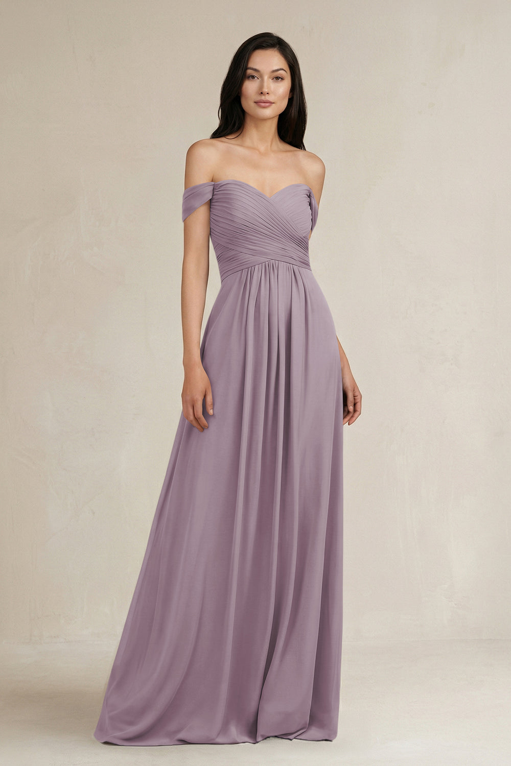 A-Line Pleated Off-the-Shoulder Chiffon Bridesmaid Dress in Dusk