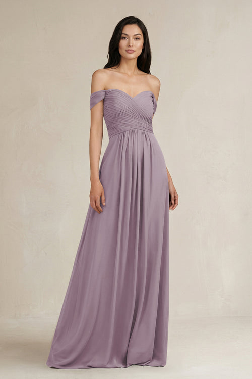 Dusk A-Line Pleated Off-the-Shoulder Chiffon Bridesmaid Dress | KISSBRIDAL