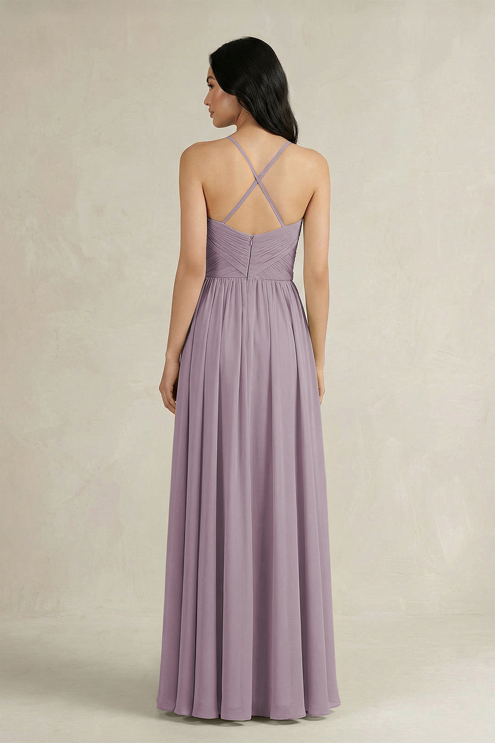 A-Line Pleated Spaghetti Strap Chiffon Bridesmaid Dress in Dusk