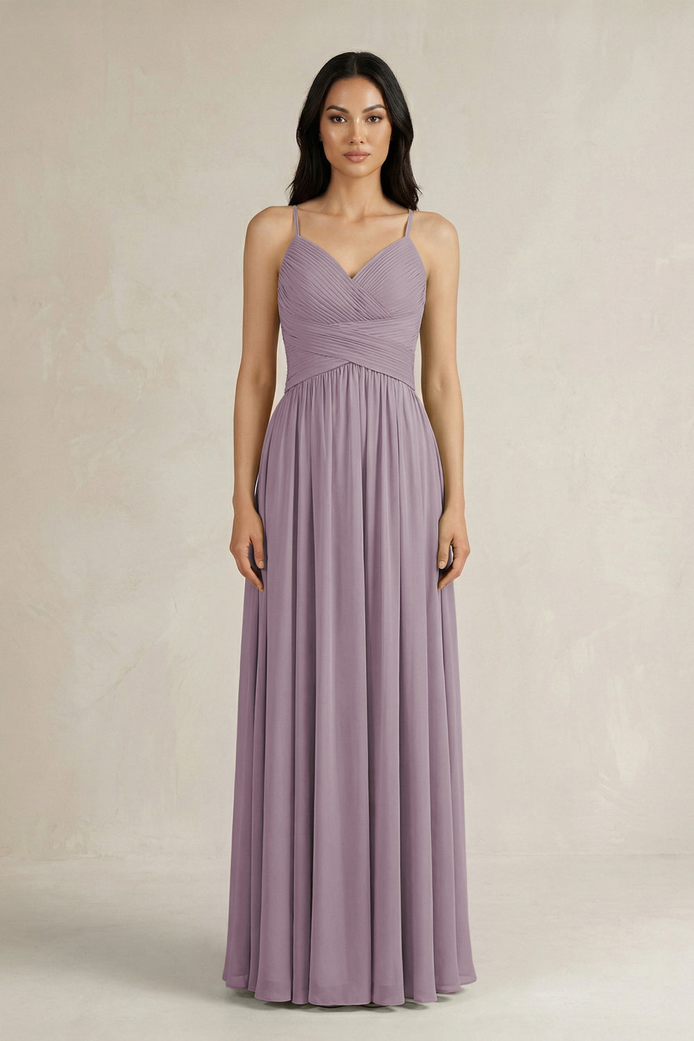 A-Line Pleated Spaghetti Strap Chiffon Bridesmaid Dress in Dusk