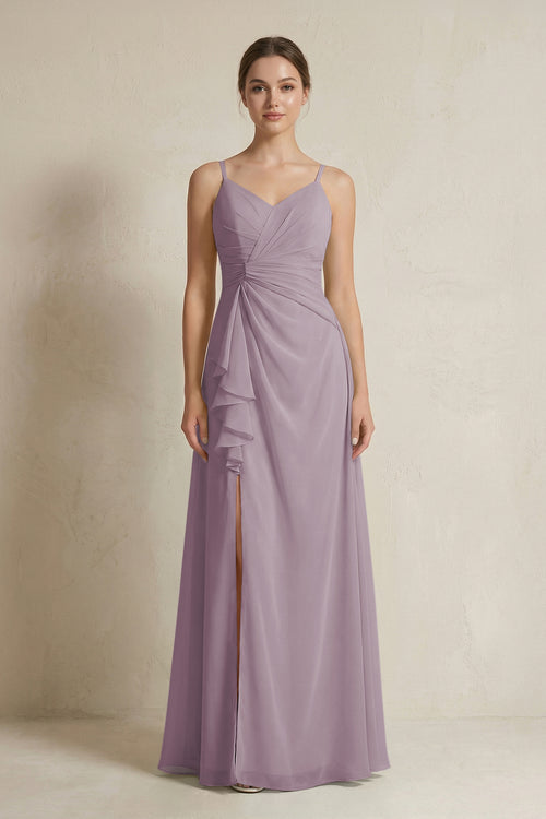 Dusk A-Line Ruffled Spaghetti Strap Chiffon Bridesmaid Dress | KISSBRIDAL