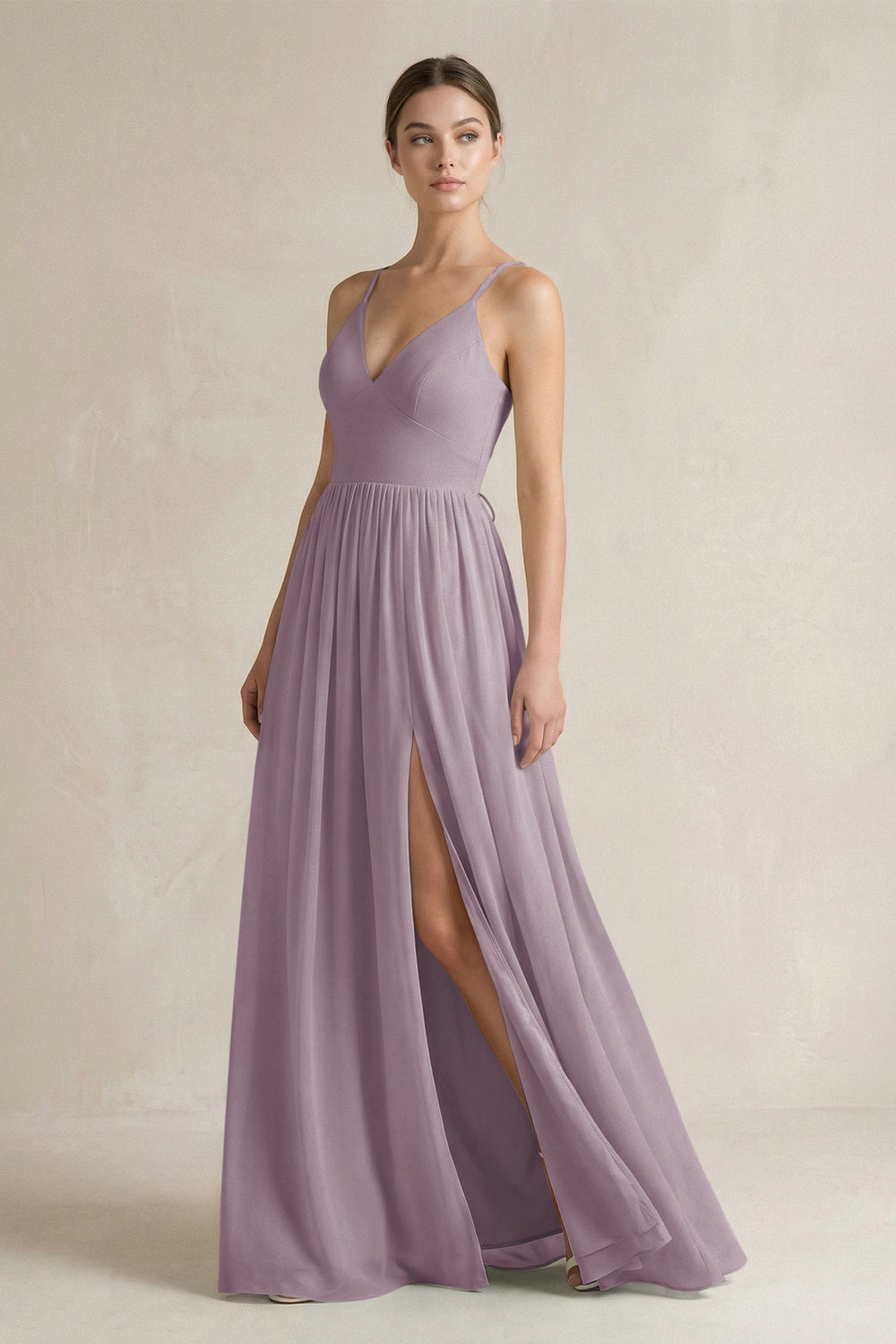 A-Line Spaghetti Strap Chiffon Bridesmaid Dress in Dusk