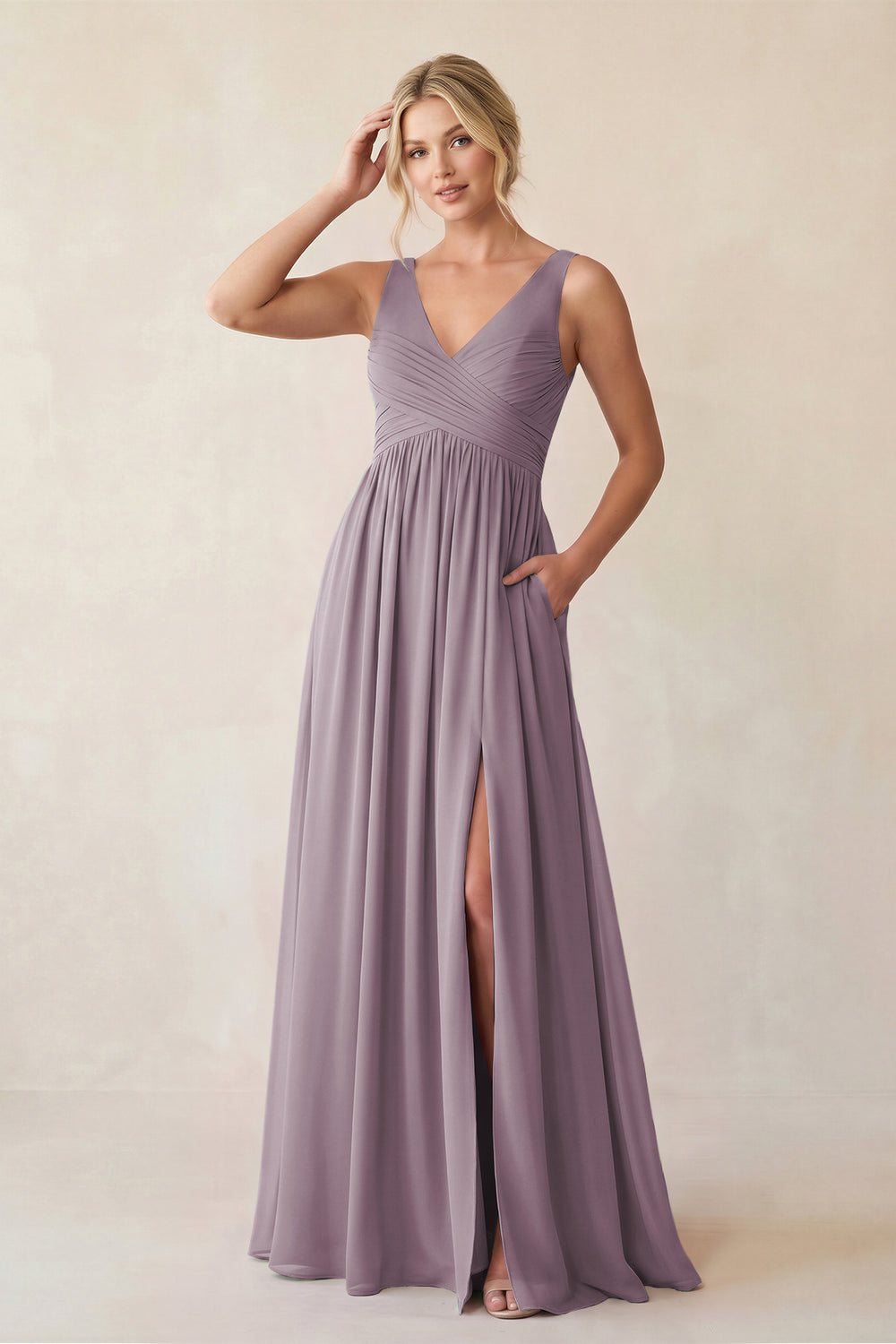 A-Line V-Neck Pleated Chiffon Bridesmaid Dress in Dusk