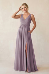 Dusk A-Line V-Neck Pleated Chiffon Bridesmaid Dress | KISSBRIDAL