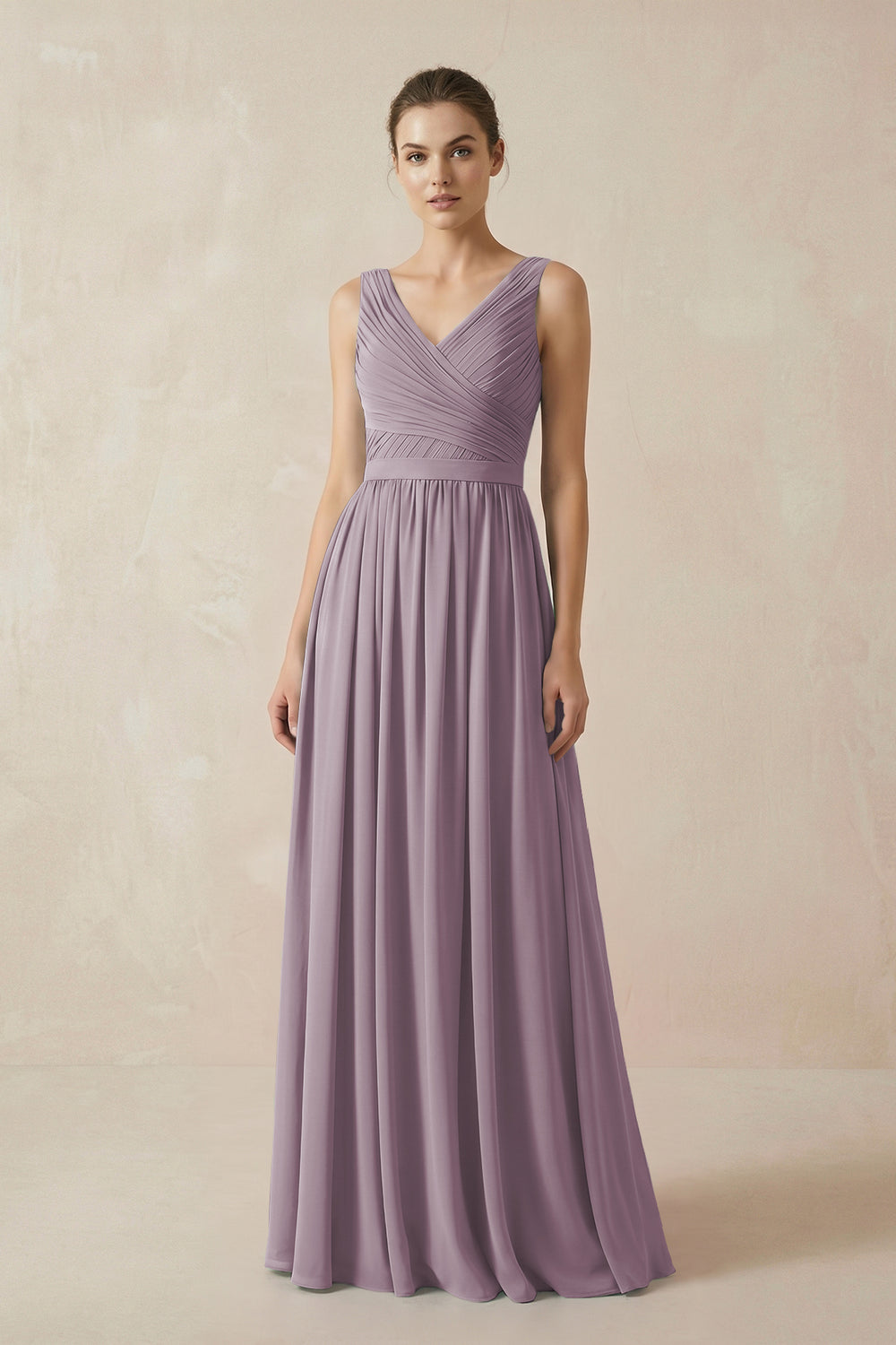 A-Line V-Neck Pleated Chiffon Bridesmaid Dress in Dusk