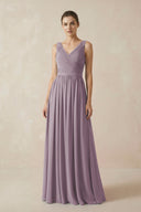 Dusk A-Line V-Neck Pleated Chiffon Bridesmaid Dress | KISSBRIDAL