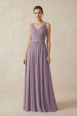 Dusk A-Line V-Neck Pleated Chiffon Bridesmaid Dress | KISSBRIDAL