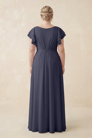 Dusk Blue Cap Sleeve Ruffled A-Line Chiffon Bridesmaid Dress (2) | KISSBRIDAL
