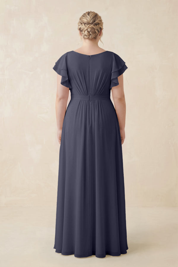 Dusk Blue Cap Sleeve Ruffled A-Line Chiffon Bridesmaid Dress (2) | KISSBRIDAL