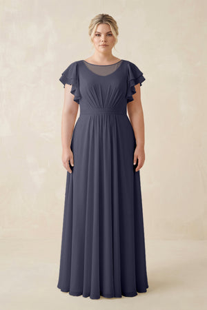 Dusk Blue Cap Sleeve Ruffled A-Line Chiffon Bridesmaid Dress | KISSBRIDAL