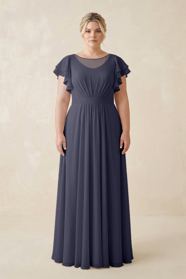 Dusk Blue Cap Sleeve Ruffled A-Line Chiffon Bridesmaid Dress | KISSBRIDAL