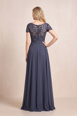 Dusk Blue Chiffon A-Line Embroidered V-Neck Mother of the Bride Dress with Sleeves (2) | KISSBRIDAL