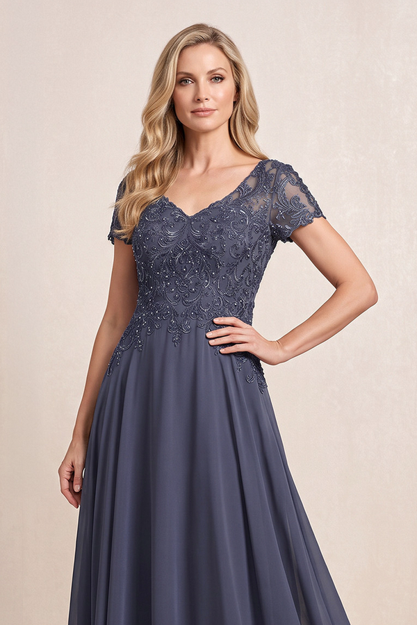 Dusk Blue Chiffon A-Line Embroidered V-Neck Mother of the Bride Dress with Sleeves (3) | KISSBRIDAL