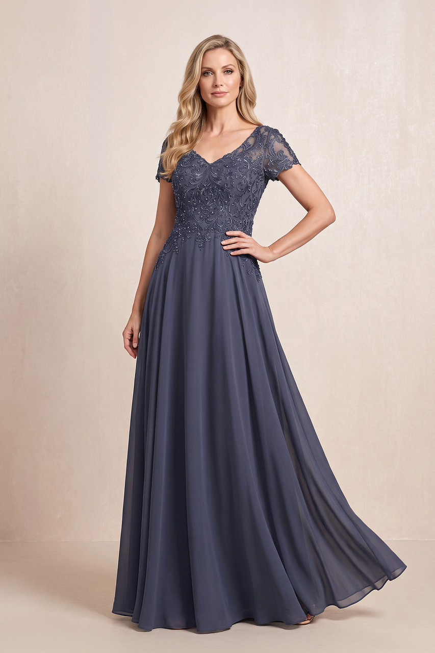 Dusk Blue Chiffon A-Line Embroidered V-Neck Mother of the Bride Dress with Sleeves