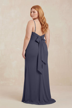 Dusk Blue Cowl Neck Sheath Chiffon Bridesmaid Dress with Corset (2) [sizeplus]  | KISSBRIDAL