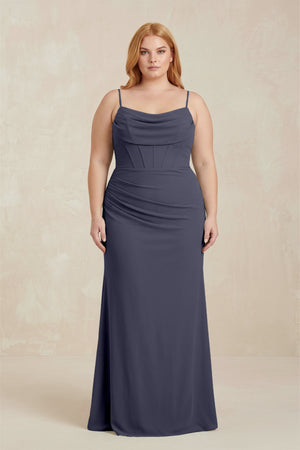 Dusk Blue Cowl Neck Sheath Chiffon Bridesmaid Dress with Corset [sizeplus]  | KISSBRIDAL
