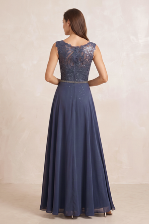 Dusk Blue Embroidered Chiffon A-Line Boat Neck Mother of the Bride Dress With Slit (2) | KISSBRIDAL