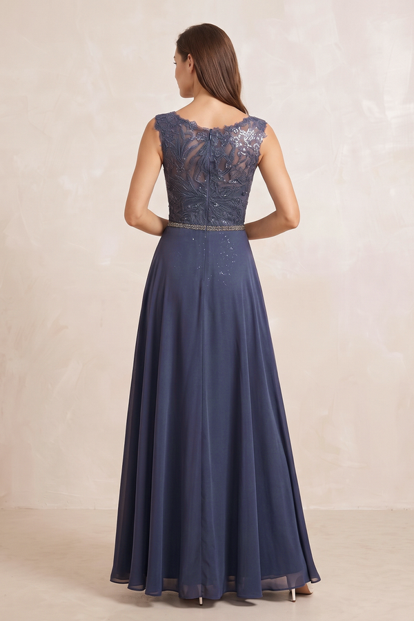 Dusk Blue Embroidered Chiffon A-Line Boat Neck Mother of the Bride Dress With Slit (2) | KISSBRIDAL