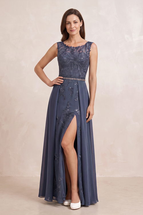 Dusk Blue Embroidered Chiffon A-Line Boat Neck Mother of the Bride Dress With Slit | KISSBRIDAL