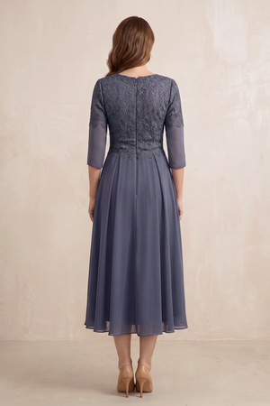Dusk Blue Embroidered Chiffon A-Line Midi Mother of the Bride Dress (2) | KISSBRIDAL
