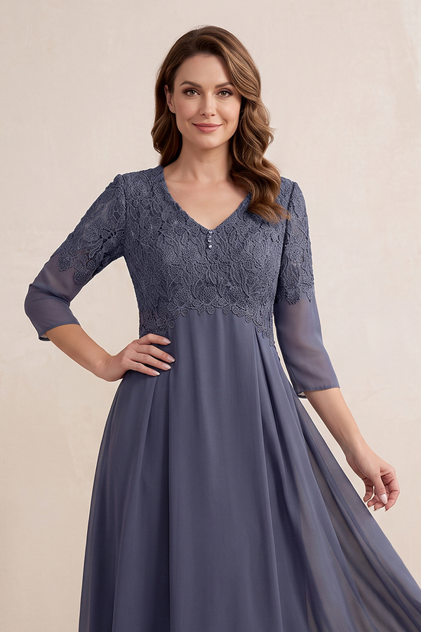 Dusk Blue Embroidered Chiffon A-Line Midi Mother of the Bride Dress (3) | KISSBRIDAL