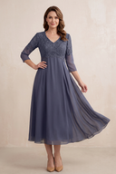 Dusk Blue Embroidered Chiffon A-Line Midi Mother of the Bride Dress | KISSBRIDAL