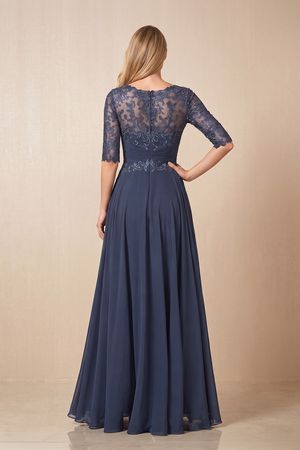 Dusk Blue Embroidered Chiffon Boat Neck A-Line Mother of the Bride Dress with Half Sleeves (2) | KISSBRIDAL