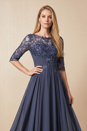 Dusk Blue Embroidered Chiffon Boat Neck A-Line Mother of the Bride Dress with Half Sleeves (3) | KISSBRIDAL