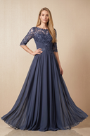 Dusk Blue Embroidered Chiffon Boat Neck A-Line Mother of the Bride Dress with Half Sleeves | KISSBRIDAL