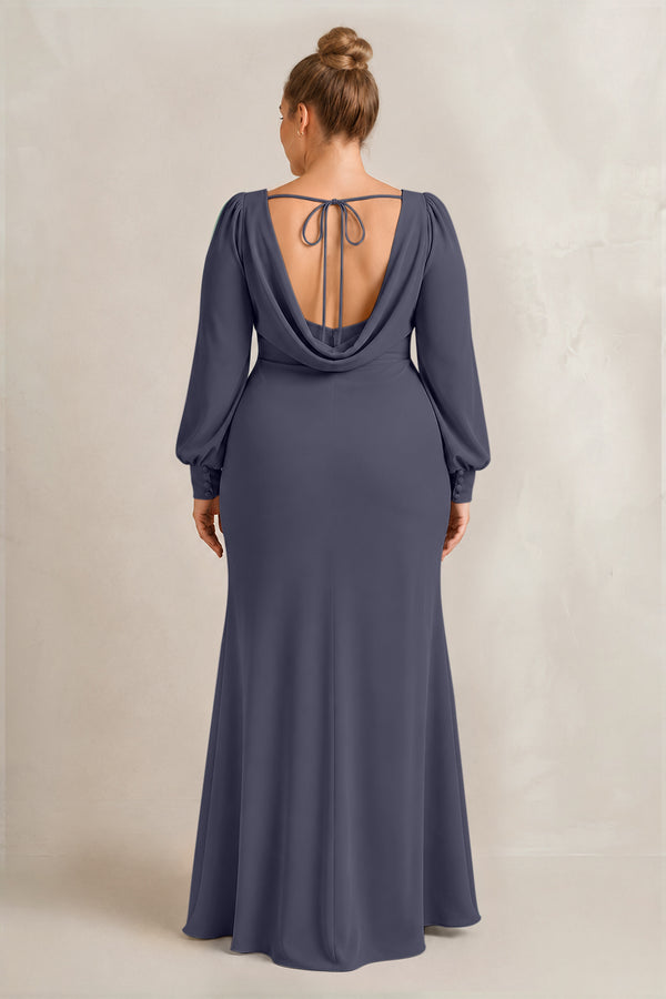 Dusk Blue Long Sleeve V-Neck Sheath Chiffon Bridesmaid Dress (2) [sizeplus] | KISSBRIDAL