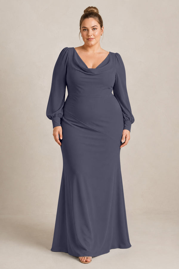 Dusk Blue Long Sleeve V-Neck Sheath Chiffon Bridesmaid Dress [sizeplus] | KISSBRIDAL