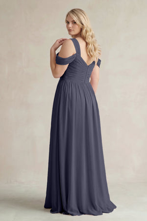 Dusk Blue Off-the-Shoulder A-Line Chiffon Bridesmaid Dress With Slit (2) | KISSBRIDAL