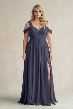Dusk Blue Off-the-Shoulder A-Line Chiffon Bridesmaid Dress With Slit | KISSBRIDAL