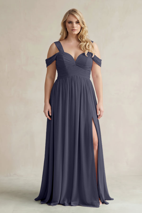 Dusk Blue Off-the-Shoulder A-Line Chiffon Bridesmaid Dress With Slit | KISSBRIDAL