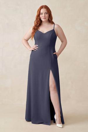 Dusk Blue Ruched Sheath Chiffon Bridesmaid Dress [sizeplus] | KISSBRIDAL