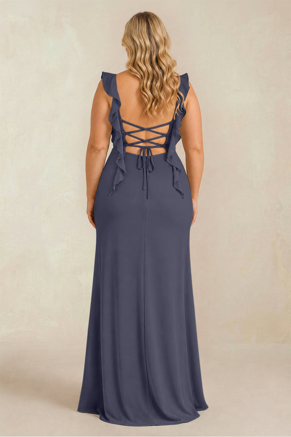 Dusk Blue Ruffled Sleeve Ruched Sheath Chiffon Bridesmaid Dress (2) [sizeplus] | KISSBRIDAL