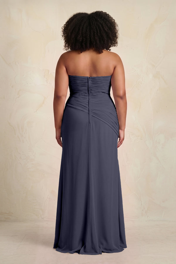 Dusk Blue Sheath Chiffon Strapless Pleated Bridesmaid Dress (2) | KISSBRIDAL[sizeplus]