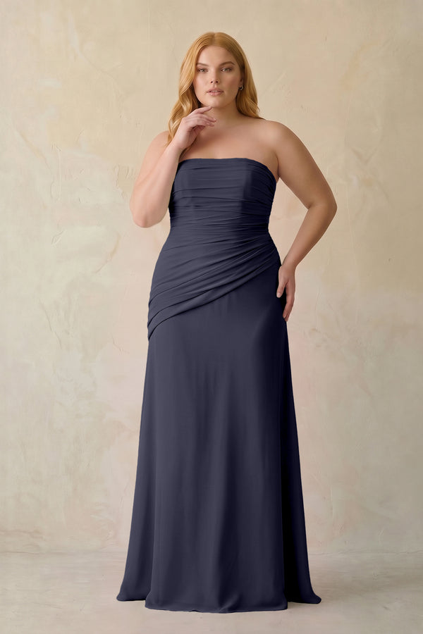 Dusk Blue Sheath Chiffon Strapless Pleated Bridesmaid Dress (3) | KISSBRIDAL[sizeplus]
