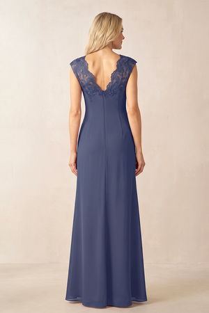 Dusk Blue Sheath Ruched Chiffon Mother of the Bride Dress With Embroidery (2) | KISSBRIDAL