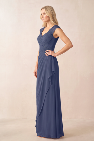 Dusk Blue Sheath Ruched Chiffon Mother of the Bride Dress With Embroidery (3) | KISSBRIDAL