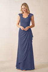 Dusk Blue Sheath Ruched Chiffon Mother of the Bride Dress With Embroidery | KISSBRIDAL