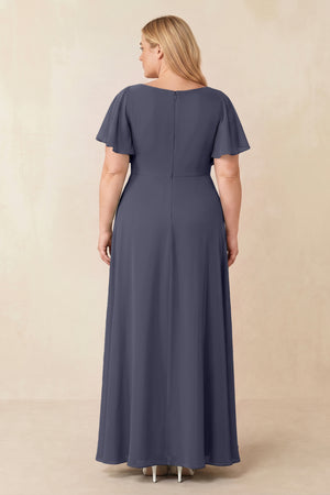 Dusk Blue Short Sleeves Bateau A-Line Chiffon Bridesmaid Dress (2) [sizeplus] | KISSBRIDAL
